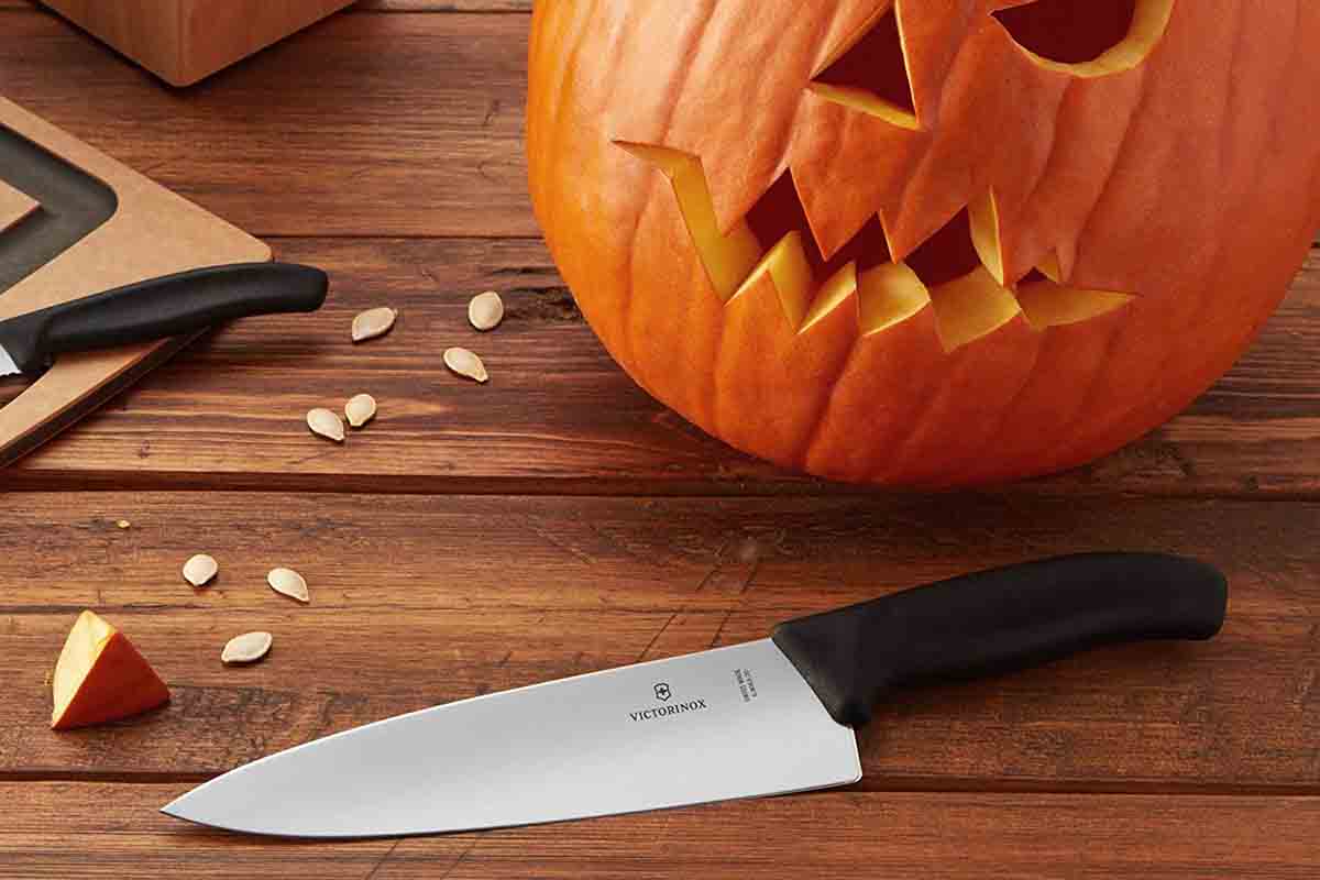 Victorinox 8-inch best chef's knife with a faced pumpkin