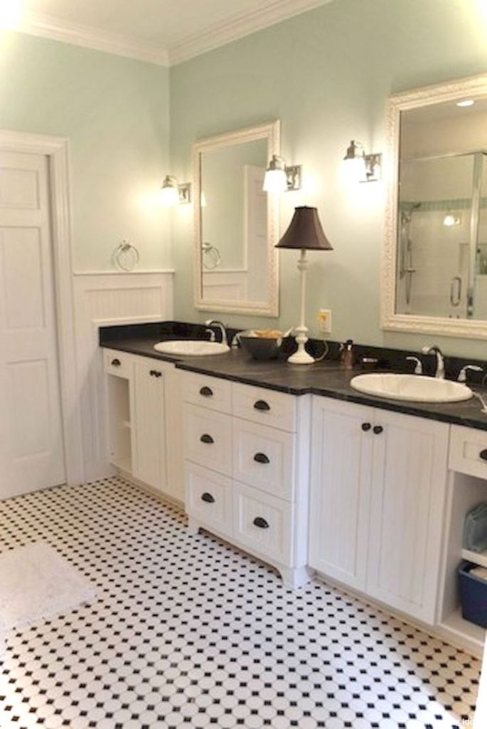 light green paint color on bathroom walls whith whte black flooring