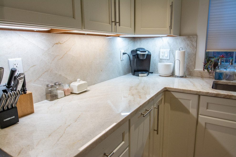 Taj Mahal Quartzite Kitchen with Full Height Backsplash