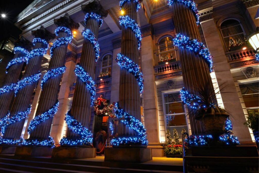 blue christmas lights on columns