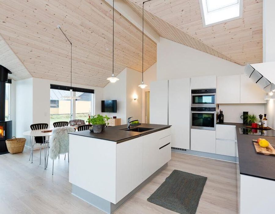 contemporary kitchen and dining with pendant lighting