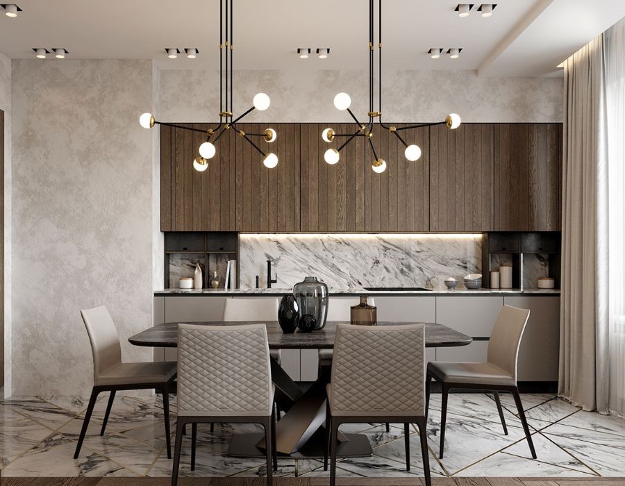 compact kitchen with sophisticated dining set