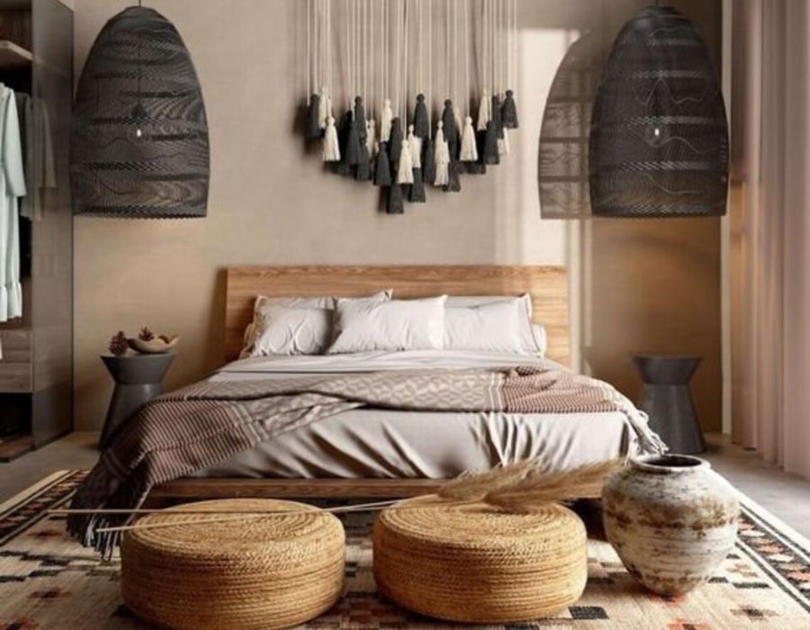 Japanese bed frame in mid-century modern interior