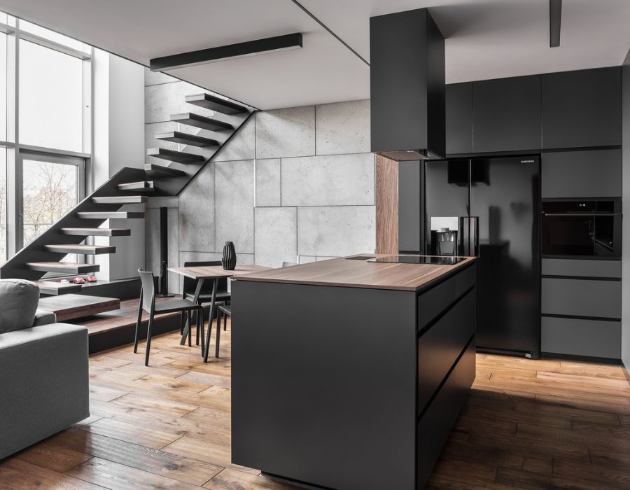 kitchen and dining with minimalistic color selection