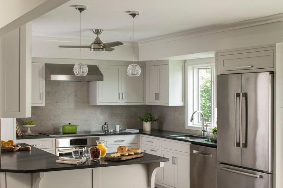light gray kitchen with steel ceiling fan