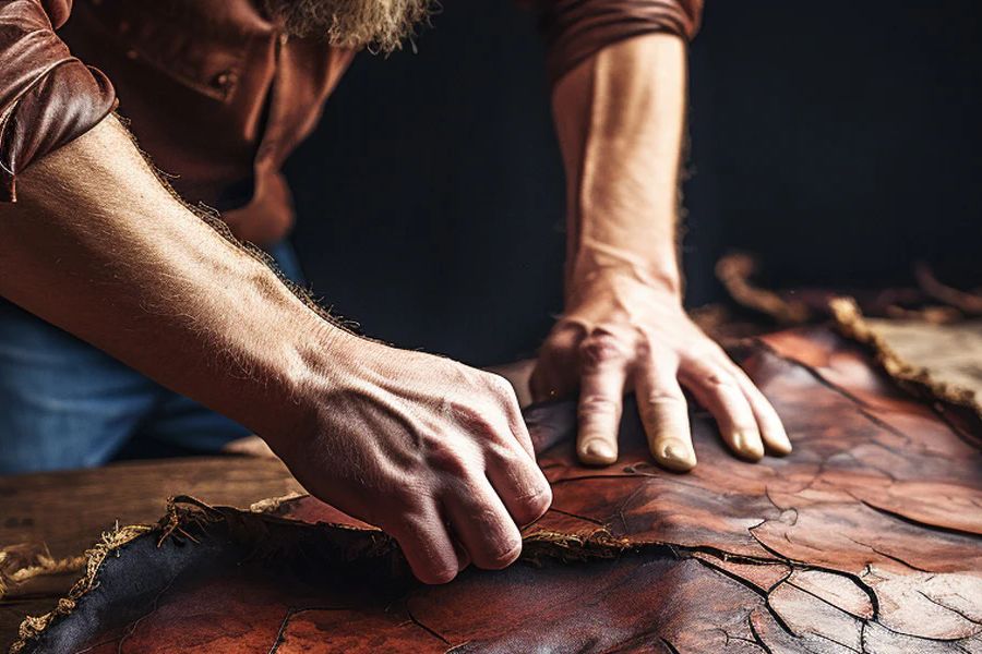 person repairs faux leather couch
