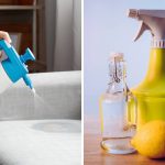 person removing water stain out of fabric sofa