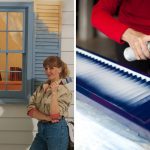 person spraying and painting blue vinyl shutters
