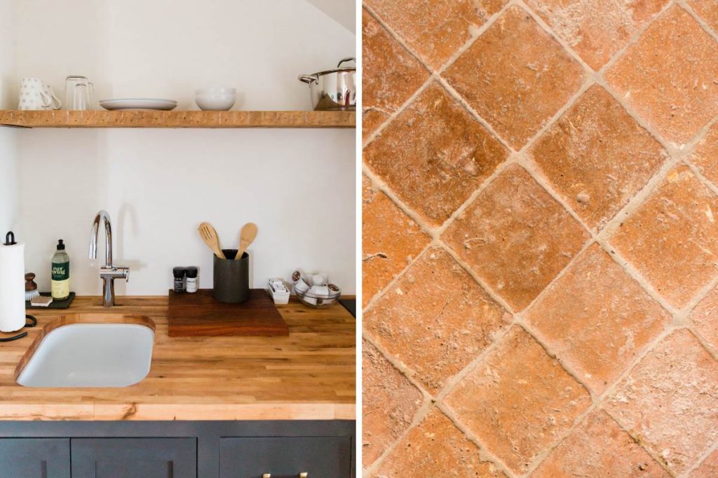 earthy terracotta tiles and wooden benchtop in modern kitchen