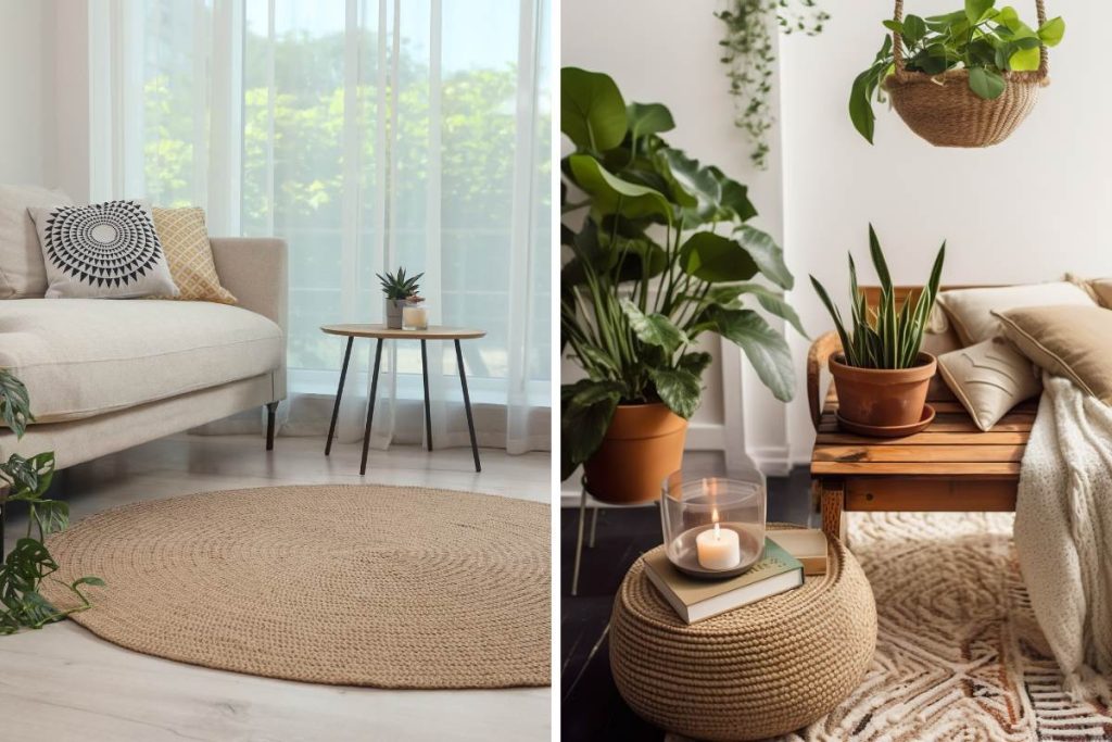 organic wool rug and decor plants in modern living room