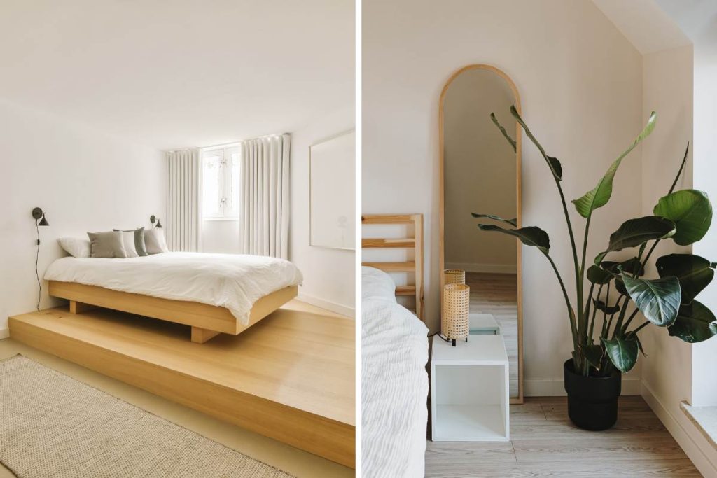 platform bed and plant near window in modern organic bedroom