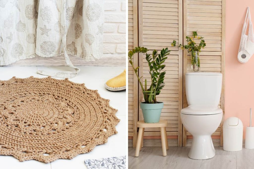 organic jute mat and plants in a natural bathroom