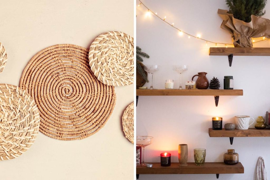 organic wall decor and floating wooden shelves