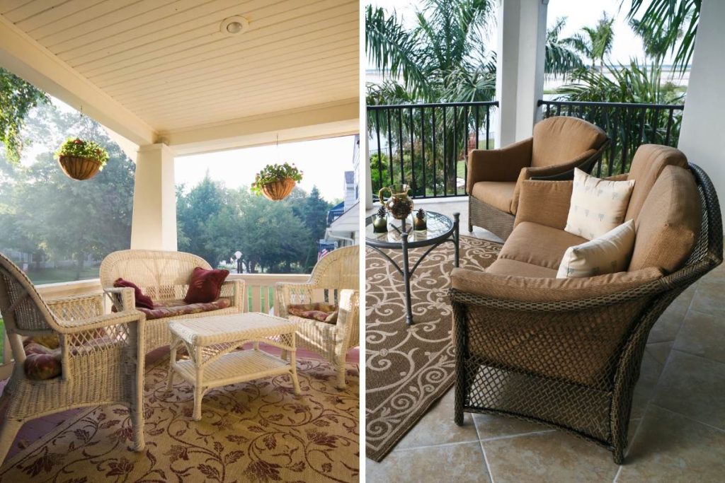 organic rattan chairs and decor on balcony