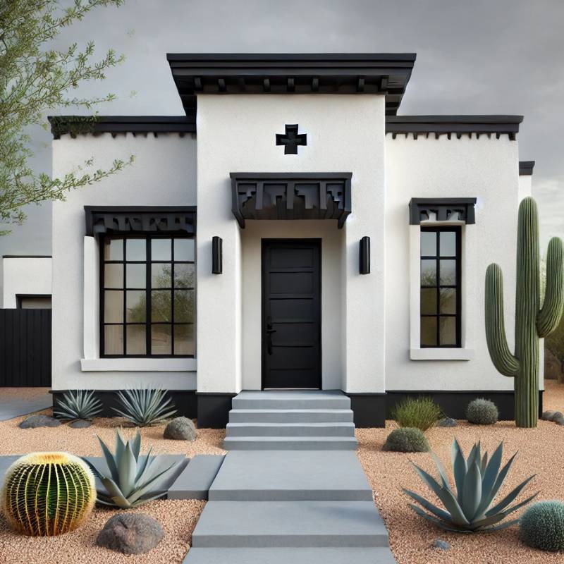 white desert house with black trim