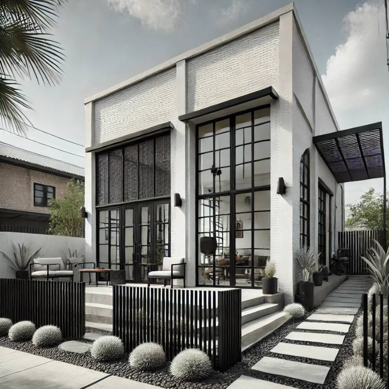 industrial-style house with black slatted fencing