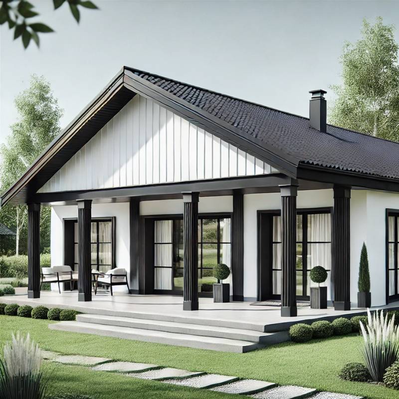 white single-story ranch home with black sliding glass doors