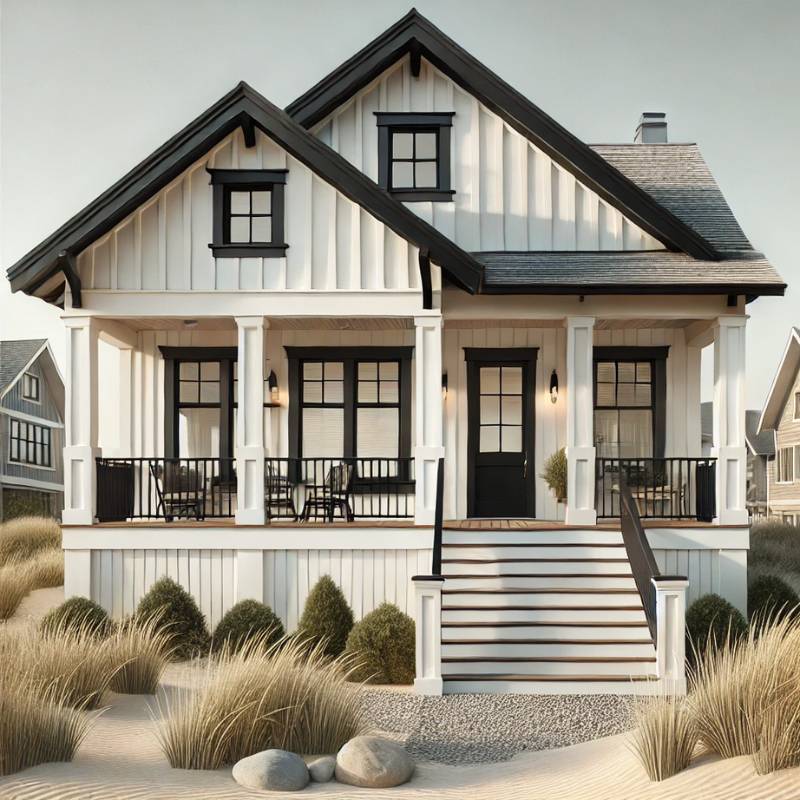 white coastal house with a black-trimmed wraparound porch