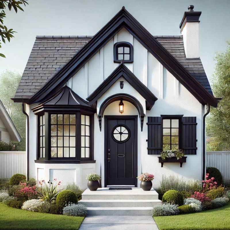 white cottage with a black front door and shutters