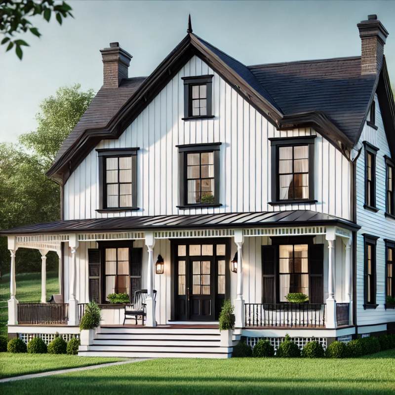 white farmhouse with bold black trim and accents