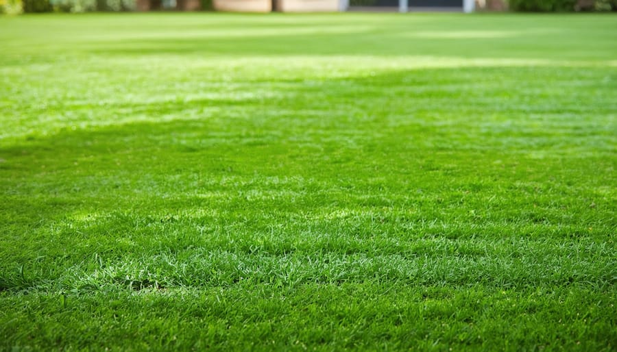 "A healthy green lawn undergoing aeration with visible soil plugs, illuminated by soft daylight, showing residential garden elements in the blurred background."