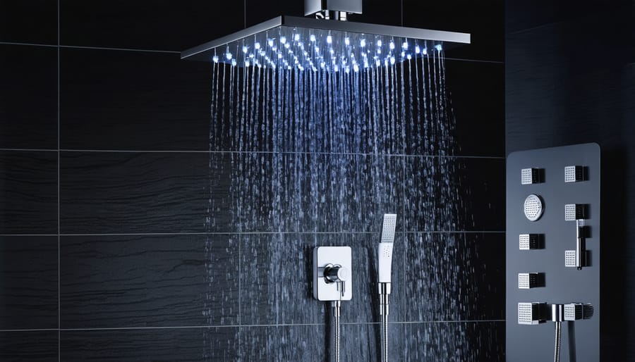 A modern bathroom highlighting a deluxe triple shower head system with an overhead rainfall shower head, a handheld sprayer, and a body jet, set amidst ambient lighting for a spa-like experience.