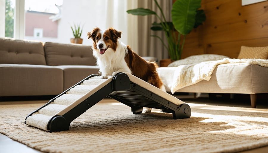 "A cozy living room featuring portable pet ramps and stairs designed for easy pet access, with warm earth tones and soft natural lighting."