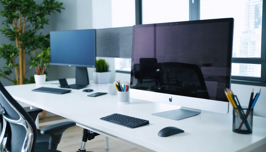 "Professionally organized home office setup with a privacy screen and securely arranged technology for remote work."