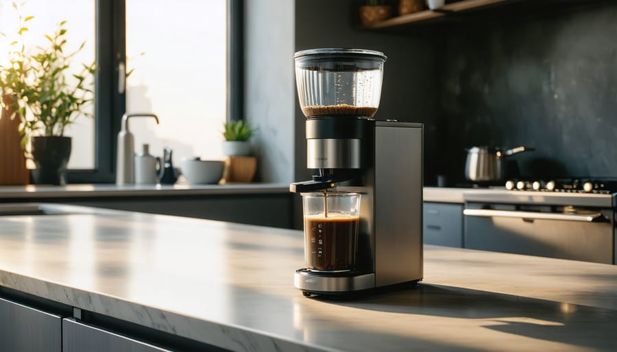 "Sleek electric burr coffee grinder on a modern kitchen counter illuminated by morning light"