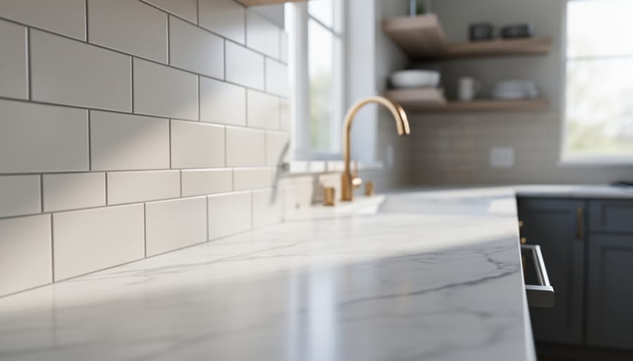 Close-up of a white marble countertop with gray veining paired with a warm off-white subway tile backsplash, lit by soft natural daylight, with a brushed brass faucet and blurred open shelves and window in the background.