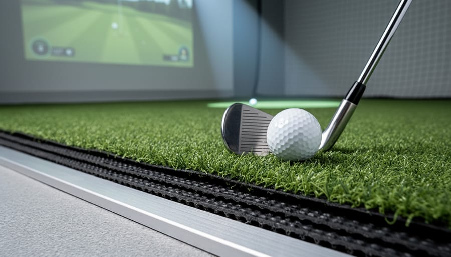 Close-up angled view of a homemade golf simulator hitting mat with green turf, visible black rubber base layers, and brushed aluminum edge trim, with a wedge and golf ball on top; blurred impact screen, projector beam, and netting in the background.