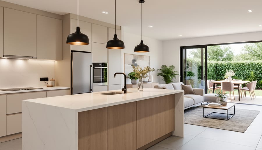 Open-concept interior with a light-oak kitchen island and black pendants leading to a low-profile sofa on a textured rug, soft daylight from right-side windows, with a dining nook and patio greenery softly blurred in the background.