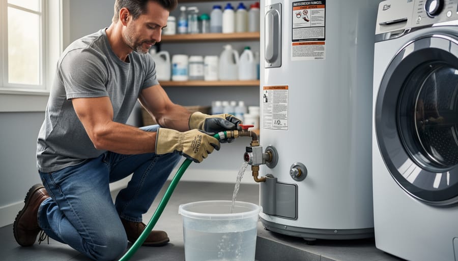 Homeowner kneeling to flush a tank-style water heater, hose connected to the drain valve with water flowing into a bucket in a bright utility room, with shelves and laundry machines softly blurred in the background.
