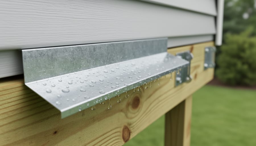 Close-up view of galvanized Z-flashing tucked behind vinyl siding and capping a pressure-treated deck ledger board, with water droplets rolling off the drip edge; blurred joist hangers and backyard greenery in the background