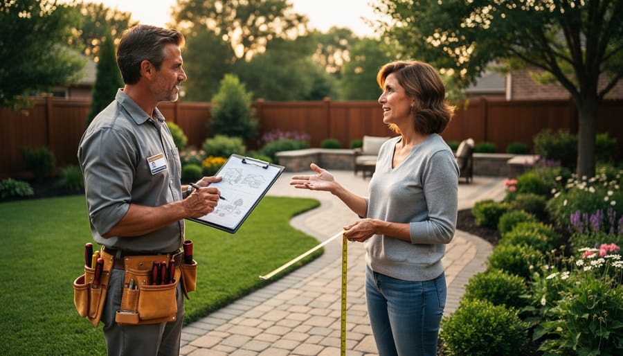 Landscape designer and homeowner reviewing backyard layout with clipboard and measuring tape during a consultation, patio and garden beds visible in the background.