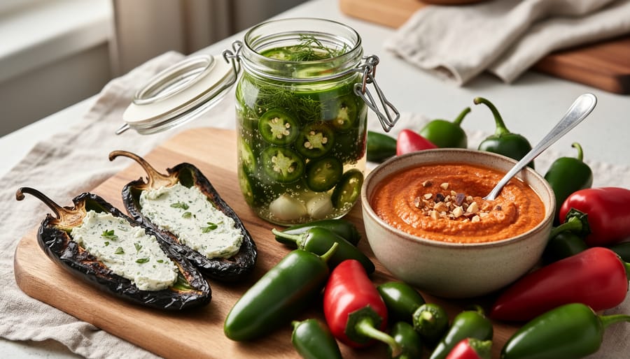 Charred poblano halves stuffed with herbed cream cheese on a plate, a glass jar of pickled jalapeño slices with dill and garlic, and a rustic bowl of romesco sauce with a spoon, arranged on a wooden table with fresh peppers in soft natural daylight.