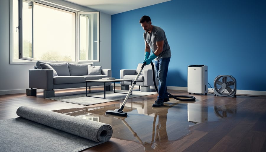 Homeowner vacuuming standing water from a hardwood living room; furniture lifted on blocks, rug rolled back, open windows, with a box fan and dehumidifier in the background under soft daylight.