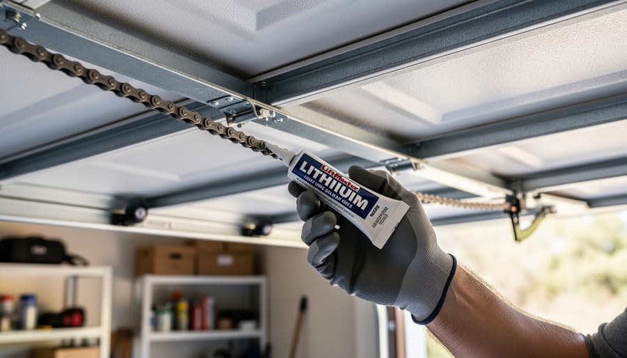 Gloved hand applying white lithium grease to a garage door opener chain on the ceiling rail with the door half open, soft natural daylight and a tidy garage background softly blurred, no visible logos or text.