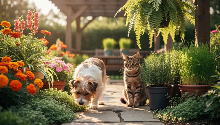 Small dog and curious cat exploring a sunlit patio with pet-safe plants—marigolds, zinnias, snapdragons, spider plant, hanging Boston fern, rosemary planters, and creeping thyme—with a pergola and cat grass containers softly blurred in the background.