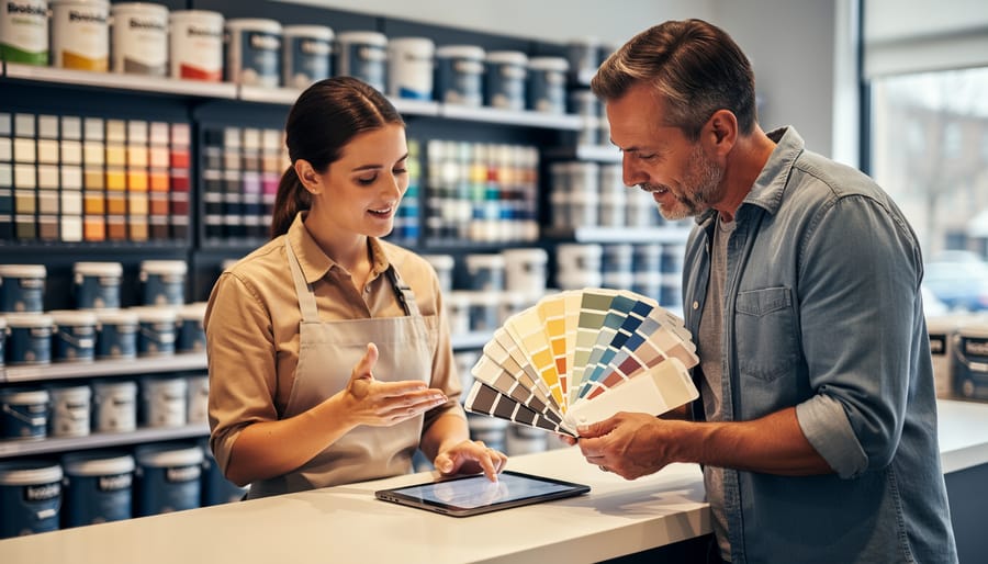 Paint store associate consulting a homeowner at the counter, reviewing color swatches and a tablet, with a blurred wall of color chips and unbranded paint cans in the background.