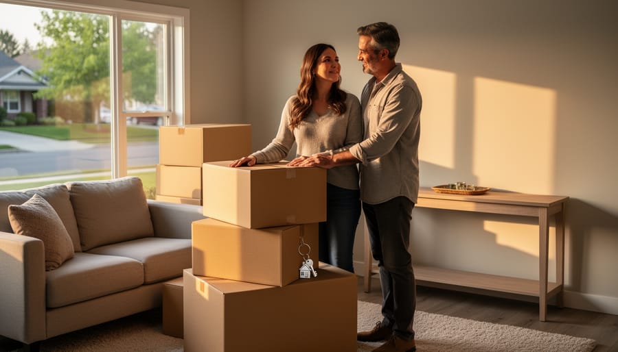 Couple standing in a sunlit living room with packed moving boxes and house keys on a console table, looking out the window toward a quiet suburban street.