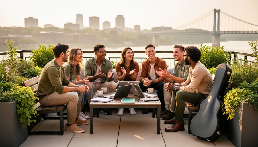 Diverse young adults gathered on a rooftop terrace at golden hour with coffee, laptops, and a guitar case, Tennessee city skyline and river bridge softly blurred in the background.