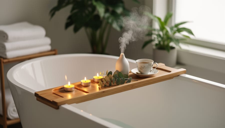 Freestanding bathtub with wooden tray holding lit candles, essential oil diffuser, teacup, and eucalyptus, softly lit by daylight, with towels and houseplants in a serene home bathroom.