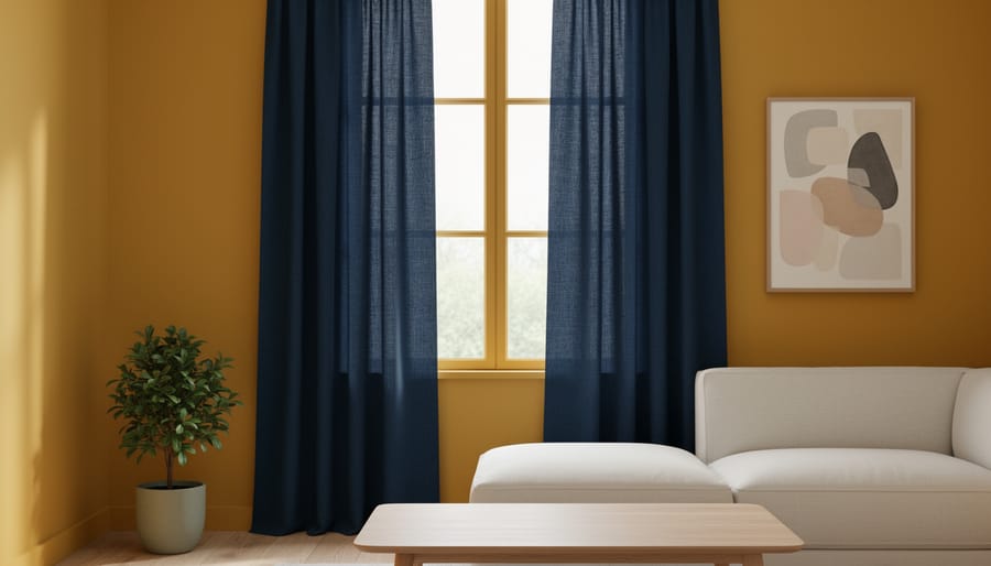 Modern living room with deep golden-yellow walls and rich navy linen curtains around a tall window, soft daylight, cream sofa, oak coffee table, and a potted green plant creating a warm yet balanced atmosphere.