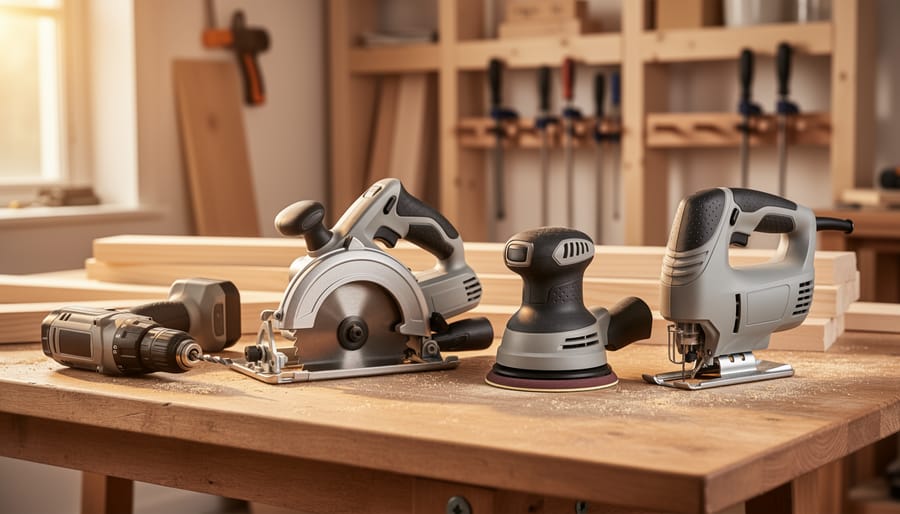 Four unbranded power tools—a cordless drill/driver, circular saw, random orbital sander, and jigsaw—arranged on a wooden workbench with sawdust and lumber, lit by warm side light, with a blurred home workshop and partially built shelving behind.