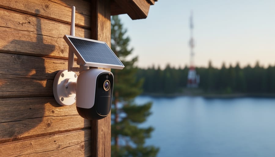 Outdoor GSM security camera with LTE antenna and compact solar panel mounted on a wooden cabin wall at golden hour, with a blurred lakeshore, pine trees, and a distant cell tower in the background.