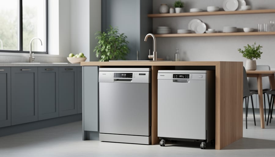 Modern kitchen interior with a portable dishwasher on wheels near the sink and a built-in dishwasher integrated under the counter, photographed at eye level in soft natural light.