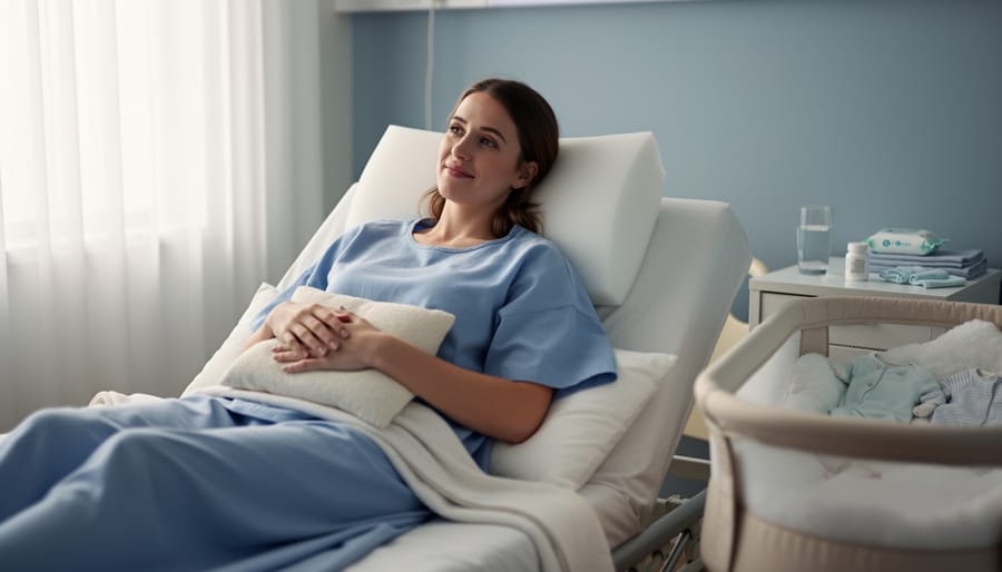 Postpartum mother sleeping semi-reclined after a C-section, supported by wedges and pillows under her knees and at her sides, with a small pillow across her abdomen; soft morning light; nightstand with water, unlabeled medication bottle, and baby supplies; bassinet blurred in the background.