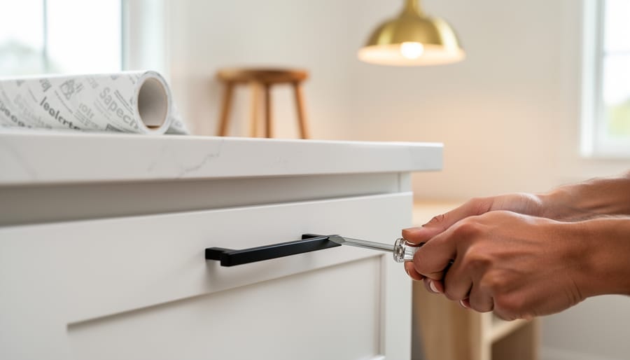 Hand using a screwdriver to install a matte-black cabinet pull on a white shaker drawer, with a roll of peel-and-stick wallpaper, a small stool, and a brass pendant light softly blurred in a bright kitchen.