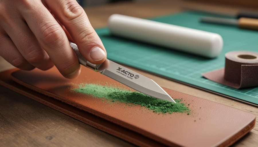 Hand holding an X-Acto knife at a shallow angle while stropping the blade on a leather strop with green compound, with a cutting mat, ceramic rod, and fine sandpaper blurred in the background.